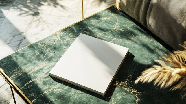 Blank square book mockup on green marble table.
