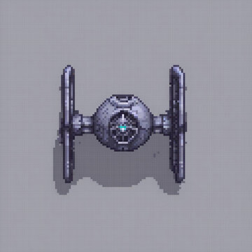 Naklejki Pixel art of a classic tie fighter spaceship, black and white design.