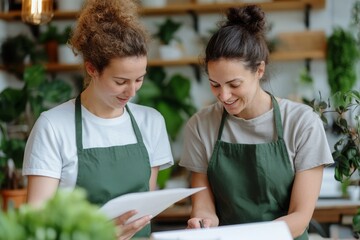 Two professional housekeepers engaged in collaborative planning session, analyzing cleaning schedules and task assignments during morning briefing at residential service company