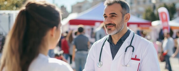 Free health checkups by doctor at community fair promoting public wellness outdoor engaging