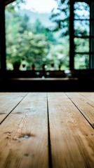 Obraz premium Rustic Wooden Tabletop Kitchen View Nature Background Interior Design