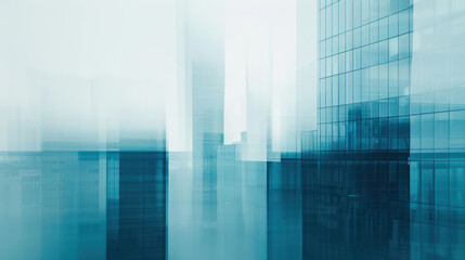 Towering glass edifices dissolve into a dreamlike blue haze, their blurred windows symbolizing the limitless potential of corporate pioneers and the fluid horizons of modern business innovation.