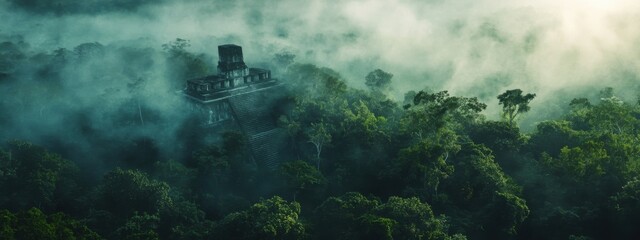 Fototapeta premium The ancient ruins of Tikal emerging from the misty jungle canopy at sunrise, Archaeological scene, Atmospheric style