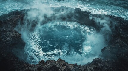 Obraz premium Dramatic Aerial View of Ocean Waves Crashing into Volcanic Rocks Misty Spray