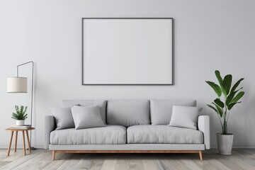 Modern Living Room Interior Design Featuring Gray Sofa, Minimalist Decor, Potted Plants, Floor Lamp, and Empty Wall Space for Artwork
