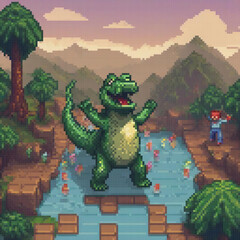 Fototapeta premium Pixel art crocodile in a serene river setting