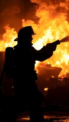 Brave fireman spraying water into burning fire Public Hero Rescue Danger Disaster Wildfire Civil Emergency Service