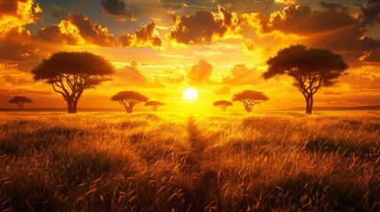 Fototapeta premium Golden African Savanna Sunset Acacia Trees Grassland Landscape