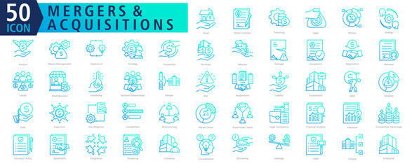 MERGERS & ACQUISITIONS ICON SET With Asset, Smart Contract, Financing, Stake, Portion, Sinergy, Venture, Money Management, Implement and Strategy