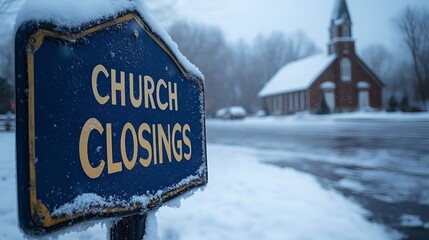 Sign that reads &ldquo;CHURCH CLOSINGS&rdquo; - WEATHER - SNOW - ICE - BAD WEATHER - POSTPONE - CANCEL SERVICES