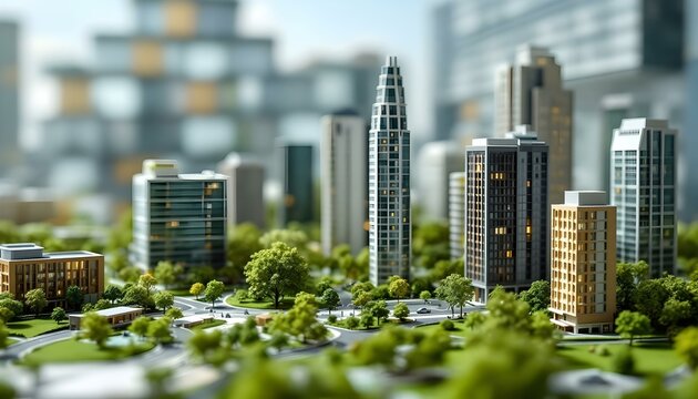 Maqueta en miniatura de una ciudad moderna con espacios verdes y edificios altos