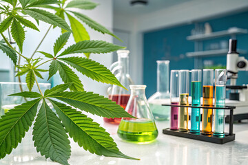 vibrant illustration of plant based biopharmaceutical research featuring colorful test tubes, beakers, and cannabis leaf. scene conveys innovation and scientific exploration