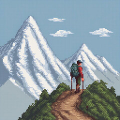 Pixel art depicting a man conquering a mountain with a backpack.