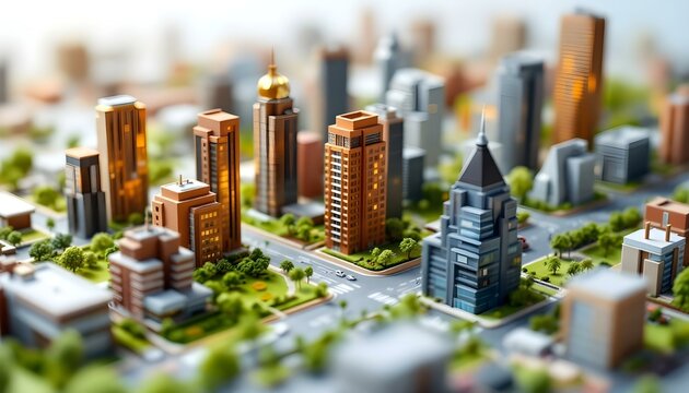 Maqueta en miniatura de una ciudad moderna con espacios verdes y edificios altos