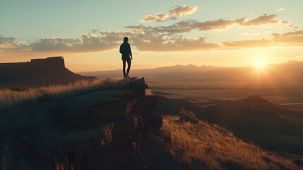 Sunset Silhouette: A Solitary Figure on a Clifftop Overlooking Vast Mountains