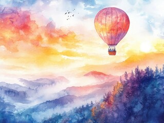 Hot air balloon adventure over misty mountains at sunrise aerial landscape dreamy atmosphere