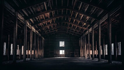 empty inside dark abandoned ruined wooden decaying hangar with rotting columns