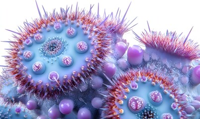 Microscopic abstract lifeforms with vibrant colors and spiky textures.