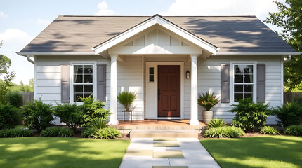A small, white, single-story house with a brown front door, gray shutters, and a covered porch.  Landscaped with green shrubs and a paved walkway.