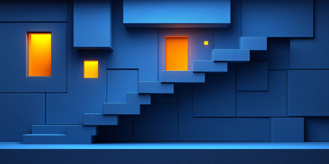Abstract Blue Cubes Stairway Structure Night