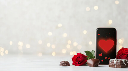 Romantic Valentine's Day Still Life: Smartphone displaying a heart, chocolates, and red roses create a romantic and sweet atmosphere for Valentine's Day. Perfect for social media, cards, or websites.