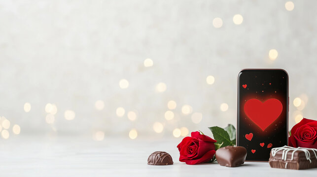 Romantic Valentine's Day Still Life: Smartphone displaying a heart, chocolates, and red roses create a romantic and sweet atmosphere for Valentine's Day. Perfect for social media, cards, or websites.