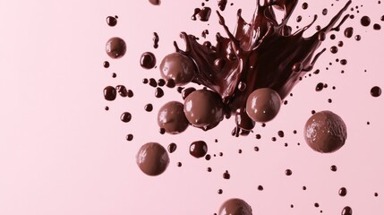 Chocolate spheres splashing in dark brown liquid against a pink background.