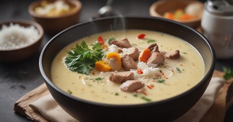 Acaraje in a steaming bowl of coconut milk broth , coconut milk broth, comforting dish, soup