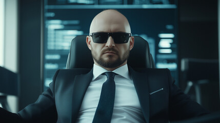 Cybersecurity Specialist: A serious and focused cybersecurity professional in a suit and sunglasses, seated before a screen displaying complex code, embodies the essence of digital security.