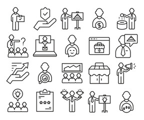 business management and organization line icons set