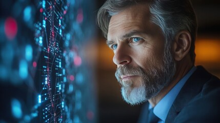 Thoughtful professional analyzing digital data visualization with futuristic graphics and advanced technology in a modern office environment, focusing on insights and innovation