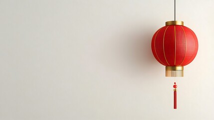 Red Chinese lantern hanging against white wall, celebrating festival, copy space, Asian culture, holiday decoration