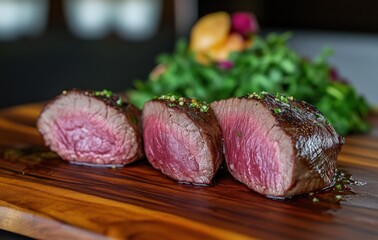 Succulent Slices of Perfectly Cooked Red Meat with Garnish on a Wooden Serving Board Exuding Appetizing Aroma and Culinary Delight