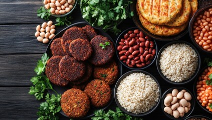 Vibrant Collection of Healthy Plant-Based Ingredients Including Rice, Beans, Rice Cakes and Fresh Herbs on Rustic Wooden Background for Culinary Inspiration