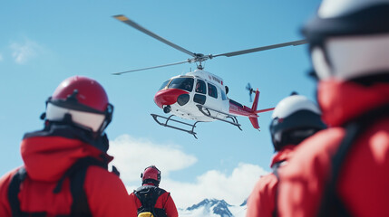 Rescue Helicopter Arriving: A dramatic shot of a rescue helicopter descending against a bright sky, as a team of rescuers in bright red and white gear awaits. Captures a sense of urgency and hope.