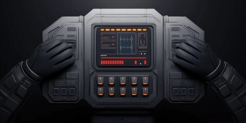 Obraz premium A futuristic control panel with a touchscreen interface, operated by gloved hands, set against a dark background.