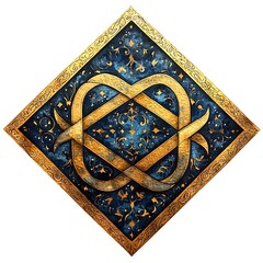 Ornate Golden and Blue Diamond-Shaped Design with Intricate Floral Patterns and Swirls.