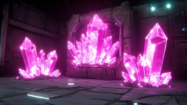Glowing Pink Crystals in a Dark, Stone Archway Setting