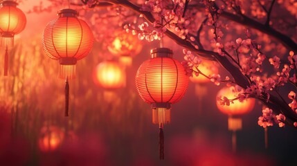 Commercial festive imagery with row of elegant red lanterns and blooming pink plum flowers in warm red-toned setting for marketing charm.