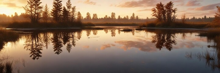 Obraz premium Reflections of the golden light of sunset on the calm surface of a wetland marsh during autumn , serene landscape, autumn sunset
