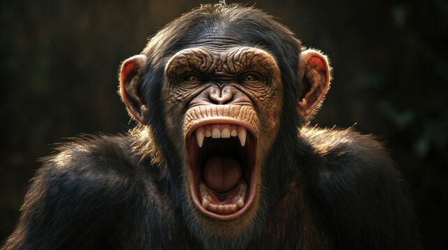 Close-up of a chimpanzee with open mouth, showing teeth.
