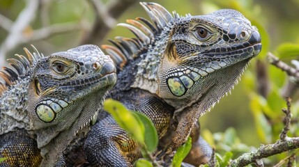Obraz premium Two Green Iguanas Perched on a Branch