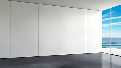 Fototapeta premium Sea view empty living room modern style, Big white wall background