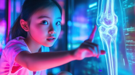 Naklejka premium Young Girl Exploring Human Anatomy with Futuristic Technology