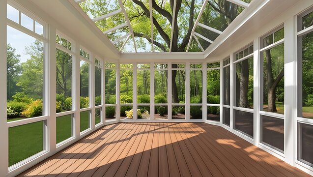 Modern screened porch enclosure with plastic windows and composite floor with summer wood