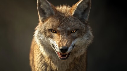 Fototapeta premium Close-up of a coyote with intense golden eyes and bared teeth, set against a dark background.