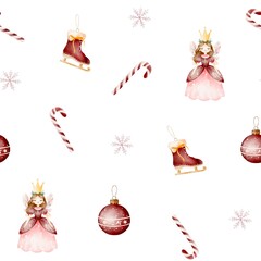 Watercolor Christmas illustration for kids with nutcracker, princess, gingerbread, sleigh, reindeer, gifts and snowmen, balls, presents, socks.