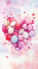 A Heart Shaped Collection of Colorful Macarons on a Watercolor Background, Romantic Sweet Treat for Valentine's Day