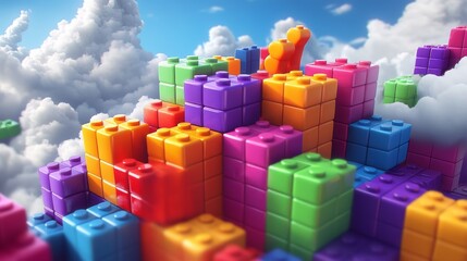 Obraz premium A vibrant cityscape constructed from colorful interlocking plastic blocks in a cloudy sky