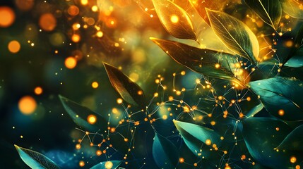 Golden Lights Illuminate Teal Leaves in Dark Setting